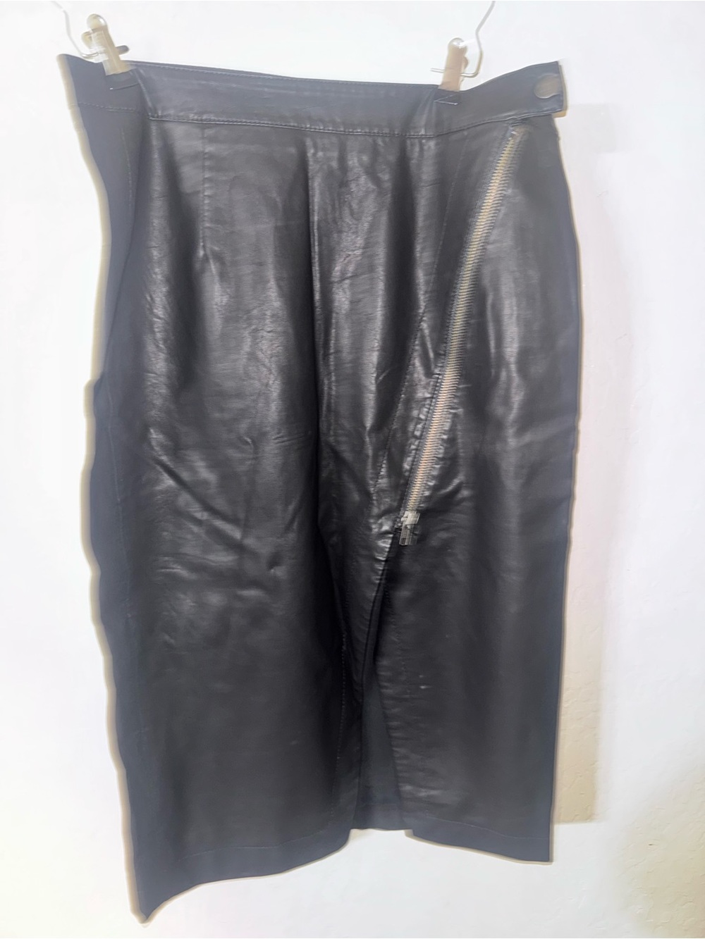Free People Black Leather Midi Skirt with Asymmetric Zip